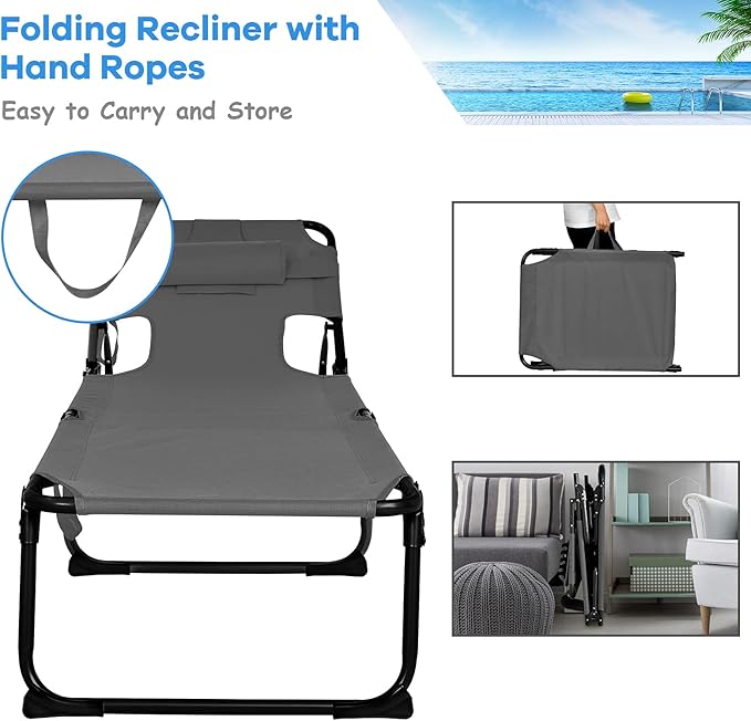 GYMAX Tanning Chair, Folding Beach Lounger with Face Arm Hole, Adjustable Backrest, Side Pocket, Pillow & Carry Handle, Outside Sunbathing Lounge Chair for Patio, Poolside, Lawn (2, Gray)
