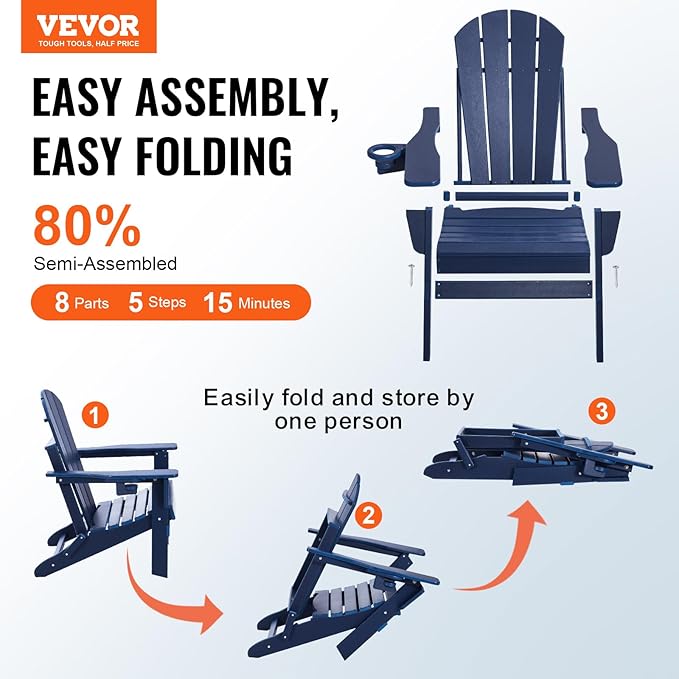 VEVOR Folding Adirondack Chairs Set of 2 with Cup Holder, All-Weather Portable Plastic Fire Pit Chair, Outdoor Adirondack Patio Chair, with Relaxing Arm Rest Ergonomic, for Garden, Backyard, Navy Blue