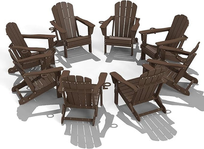 Domi Folding Adirondack Chairs Set of 8, HDPE All-Weather Outdoor Chairs with Cup Holder, Wooden Textured Fire Pit Chairs for Backyard, Patio, Poolside & Deck,Khaki