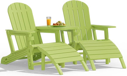 Vongrasig Adirondack Chairs Set of 2 with Removable Tabletop and Footrest, All-Weather HDPE Outdoor Chair Set with Wooden Textured, Cup Holder for Patio, Poolside, Deck, Garden, Green