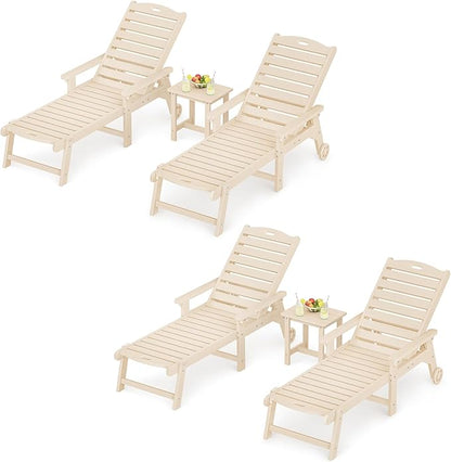 LUE BONA Outdoor Lounge Chair Set with Table, 6-Piece, HDPS Chaise Lounge Outdoor with Wheels, 5 Positions Adjustable Pool Lounger Chairs for Outside, Patio, Sand