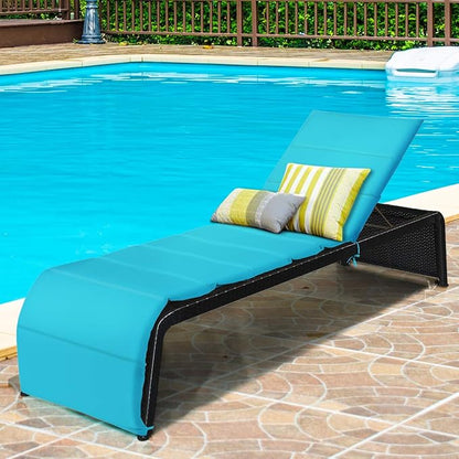 COSTWAY Patio Rattan Lounge Chair Cushioned Chaise Recliner Chair with Adjustable Back Garden Backyard Poolside Turquoise