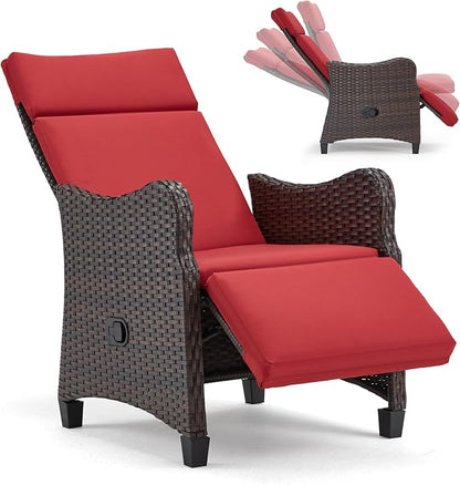 HOMREST Outdoor Recliner Chair with Flip-up Table, Wicker Reclining Chair with 150°Adjustable Backrest, Rattan Armchair with Integrated Footstool & Removable Cushion for Gardens, Burgundy