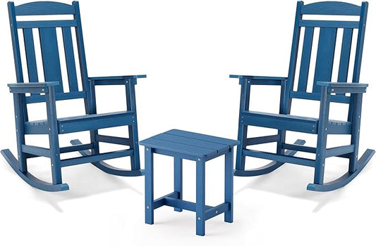LUE BONA Outdoor Rocking Chairs Set, 3-Piece, HDPS Poly Porch Rockers with Table, Plastic Weather Resistant Rocking Chair Set for Outdoor Indoor, Garden, Backyard, 350lb, Navy Blue Chairs+Table