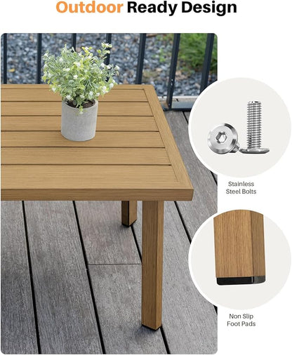 Patio Coffee Table, Never-Rust Aluminum Outdoor Coffee Table with Wood Grain Texture, Modern Rectangle Garden Coffee Table with Slatted Tabletop for Porch, Decks, Indoor, Balcony, Teak | Never-Rust, Wood Grain Texture, Slatted Tabletop