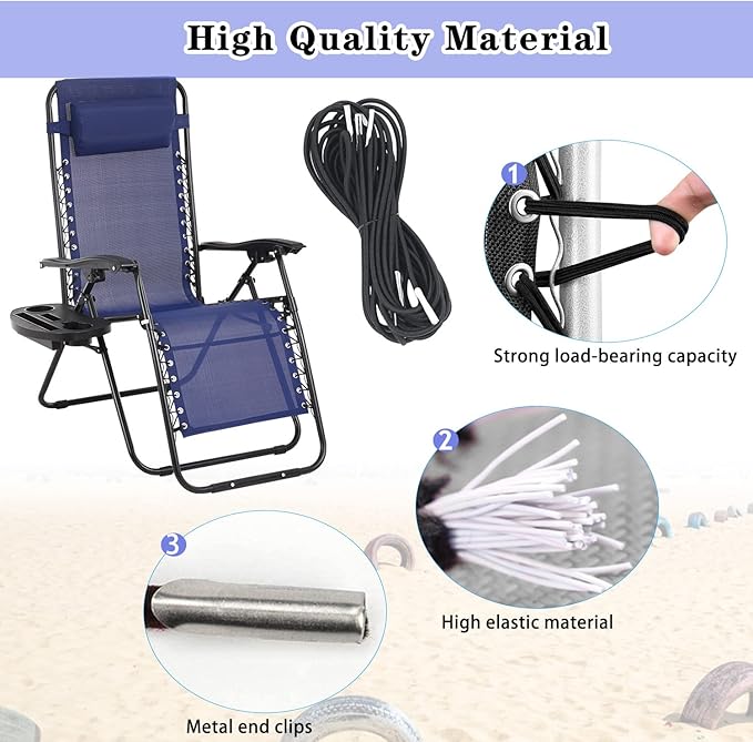 Zero Gravity Chair Replacement Fabric with Bungee Cord Kit, 19 Inch Wide Repair Cloth with Replacement Cord for Anti Gravity Chairs Outdoor Recliner Patio Lounge Chair Lawn Beach Sling Chair, Blue