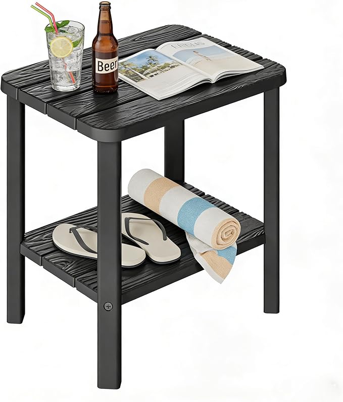 KAMABOKO HDPE Square Outdoor Side Table, 2-Tier Storage Patio Side Table, Adirondack End Tables for Backyard, Pool, Indoor Companion, Easy Maintenance(Black)
