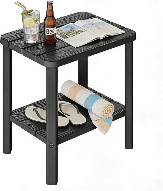 KAMABOKO HDPE Square Outdoor Side Table, 2-Tier Storage Patio Side Table, Adirondack End Tables for Backyard, Pool, Indoor Companion, Easy Maintenance(Black)