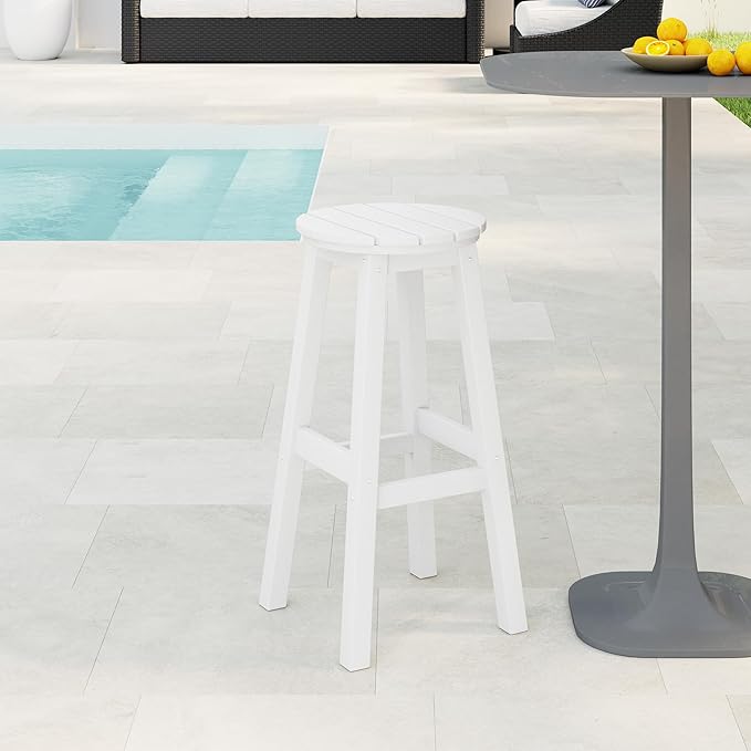 Costaelm 29" Height Outdoor Bar Stools, All-Weather Bar Stools, Adirondack Poly Patio Round Bar Stool for Patio, Deck, Kitchen Counter and Garden, White