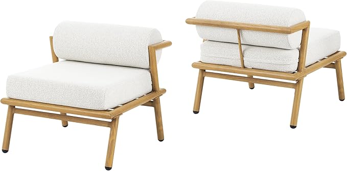 Christopher Knight Home Dessa Patio Accent Chairs Set of 2, Wood-Like Club Chairs, Boucle Lounge Chair, Upholstered Armless Chair, Iron Frame Stable Seating for Garden Poolside Backyard, White+Teak