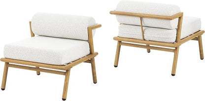 Christopher Knight Home Dessa Patio Accent Chairs Set of 2, Wood-Like Club Chairs, Boucle Lounge Chair, Upholstered Armless Chair, Iron Frame Stable Seating for Garden Poolside Backyard, White+Teak