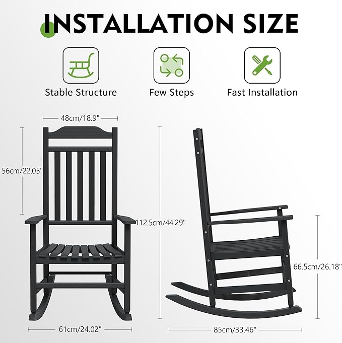 LHBcraft Oversized Rocking Chair Outdoor-High Back Porch Rocker, HDPE All Weather Black Rocking Chair for Porch, Outdoor Chairs for Patio, Polywood Rocking Chairs