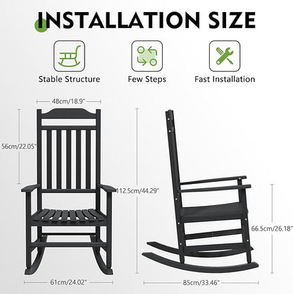 LHBcraft Oversized Rocking Chair Outdoor-High Back Porch Rocker, HDPE All Weather Black Rocking Chair for Porch, Outdoor Chairs for Patio, Polywood Rocking Chairs