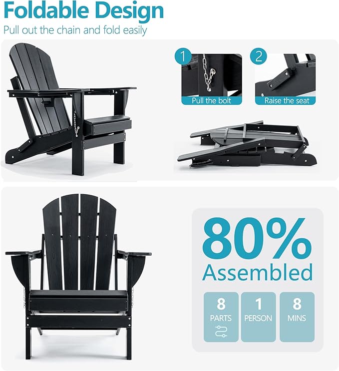 Folding Outdoor Adirondack Chairs Set of 1 with HDPE Side Tables-Plastic Weather Resistant Patio Chairs with Small Outdoor Side Tables 2 Storage for Patio,Fire Pit, Garden and Backyard