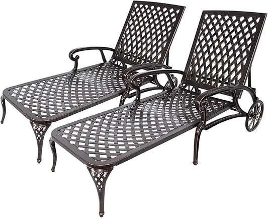 Chaise Outdoor Aluminum Lounge Chair with Wheels, 3-Position Adjustable Recliner Furniture Set for Poolside, Backyard and Patio (2pcs, Antique Bronze)
