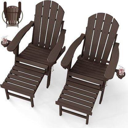 BRIOPAWS Adirondack-Chairs-with-Pull-Out-Footrest | Set of 2 | Folding | HDPE Plastic | Fire Pit Chair | All Weather | Cup Holders | Curved Back | Retractable Ottoman | for Poolside Deck | Dark Brown