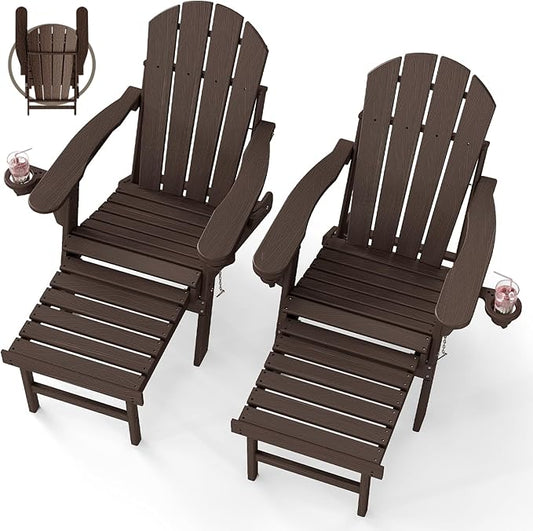 BRIOPAWS Adirondack-Chairs-with-Pull-Out-Footrest | Set of 2 | Folding | HDPE Plastic | Fire Pit Chair | All Weather | Cup Holders | Curved Back | Retractable Ottoman | for Poolside Deck | Dark Brown