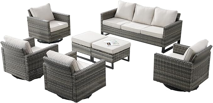Rilyson Wicker Outdoor Patio Furniture Set - 7 Piece Patio Conversation Set with 4 Swivel Rocker Chairs,2 Rattan Ottoman and 1 Couch for Outside Porch Deck Backyard(Mixed Grey/Beige)