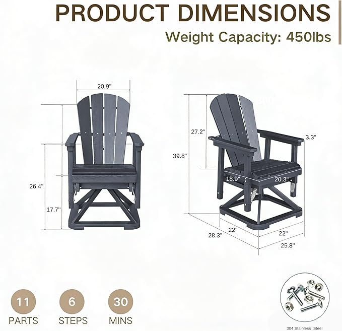 Kingdura Adirondack Swivel Glider Chair, HDPE Patio Glider Rocking Chair for Outdoor, All-Weather Glider Chair for Porch Balcony Lawn Poolside, 450LBS Capacity (Navy Blue)