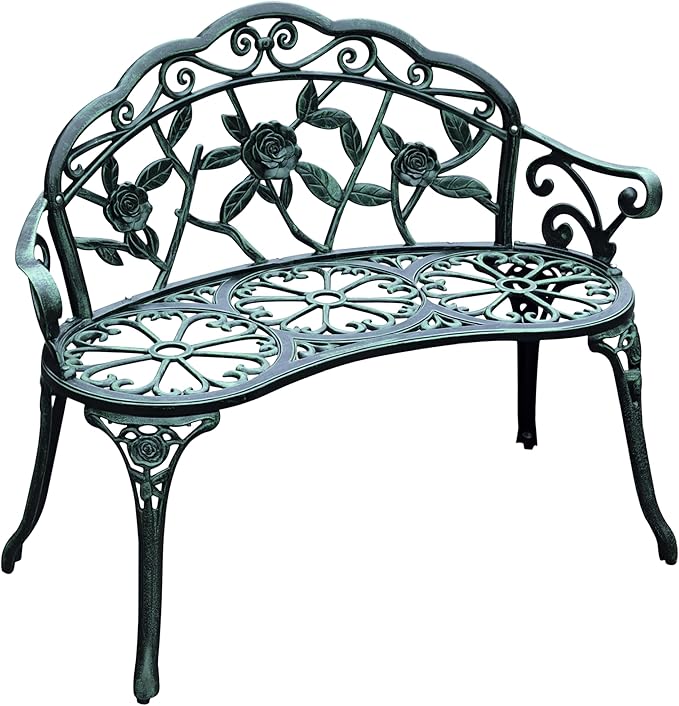 Antique-Style Metal Garden Bench with Back and Armrests