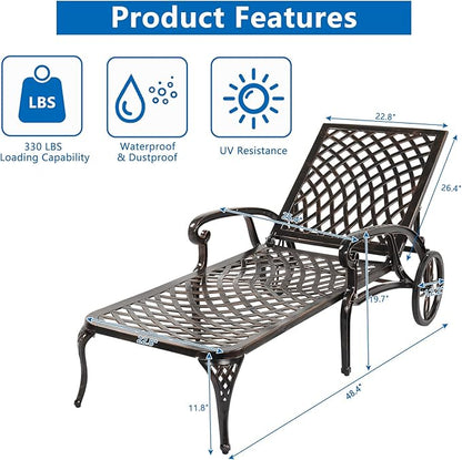Cast Aluminum Outdoor Chaise Lounge Chair with Wheels, Patio Chaise Lounge with 3-Position Adjustable Backrest, Outdoor Tanning Chair Patio Lounge Chair (Brown)