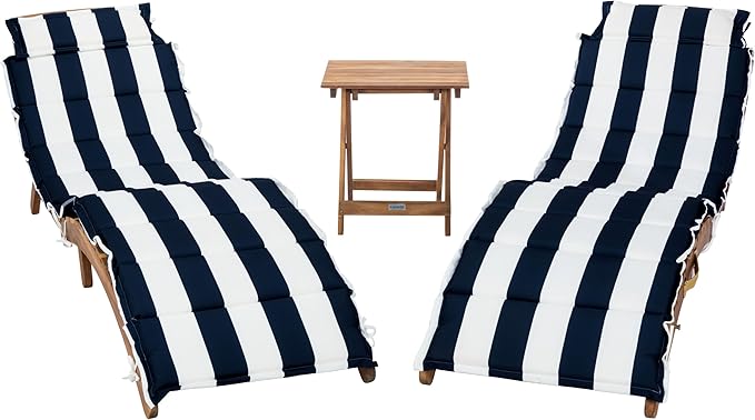 SAFAVIEH Outdoor Collection Pacifica Natural Brown Solid Wood/Navy & White Stripe Cushion 3-Piece Chaise Lounge Set with Table (PAT7020F)