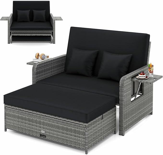 LDAILY Moccha Outdoor Daybed, Wicker Loveseat Sofa Set with 4-Postion Adjustable Backrest, Storage Ottoman, Cushions - Photo 1