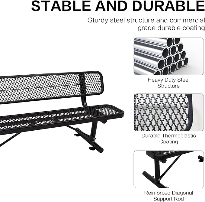 6 Ft Metal Park Bench for Outside, All-Weather Thermoplastic Coating Outdoor Bench with Backrest, Commercial Heavy Duty Benches for Shopping Malls, Stores, Parks, Patios, Decks, Black