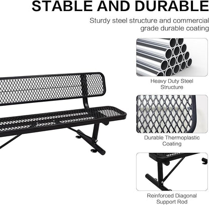 6 Ft Metal Park Bench for Outside, All-Weather Thermoplastic Coating Outdoor Bench with Backrest, Commercial Heavy Duty Benches for Shopping Malls, Stores, Parks, Patios, Decks, Black