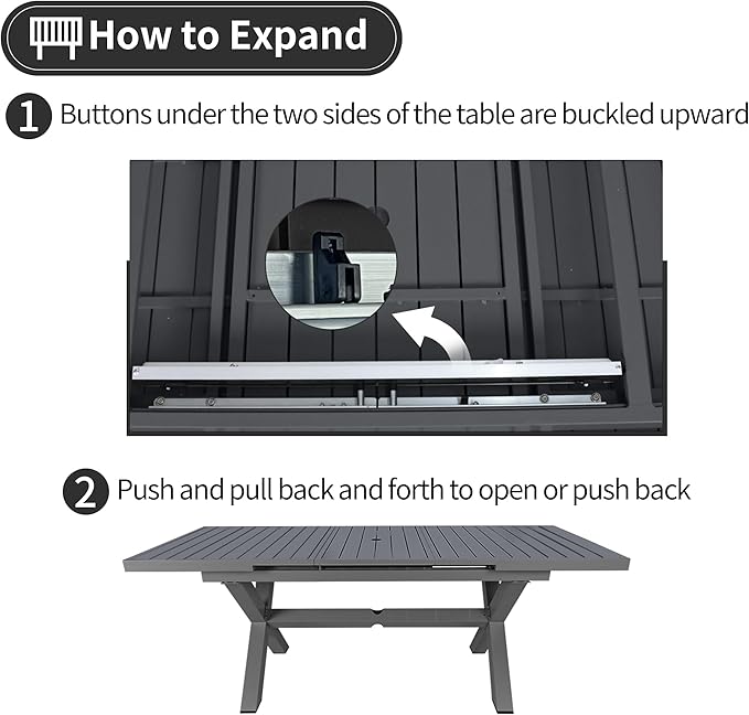 TWT Expandable Table Dining Set for 6 to 10, Aluminum Outdoor Dining Table, Rectangular Patio Metal Table with Umbrella Hole for Backyard Porch, Poolside ＆ Garden, Easy Assembly, Dark Grey