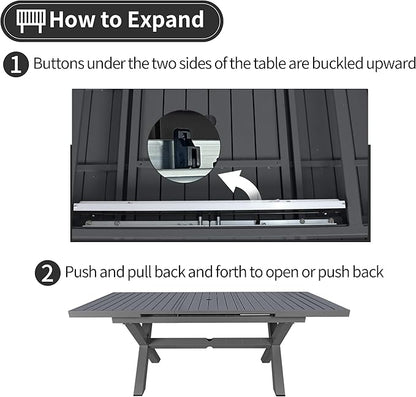 TWT Expandable Table Dining Set for 6 to 10, Aluminum Outdoor Dining Table, Rectangular Patio Metal Table with Umbrella Hole for Backyard Porch, Poolside ＆ Garden, Easy Assembly, Dark Grey