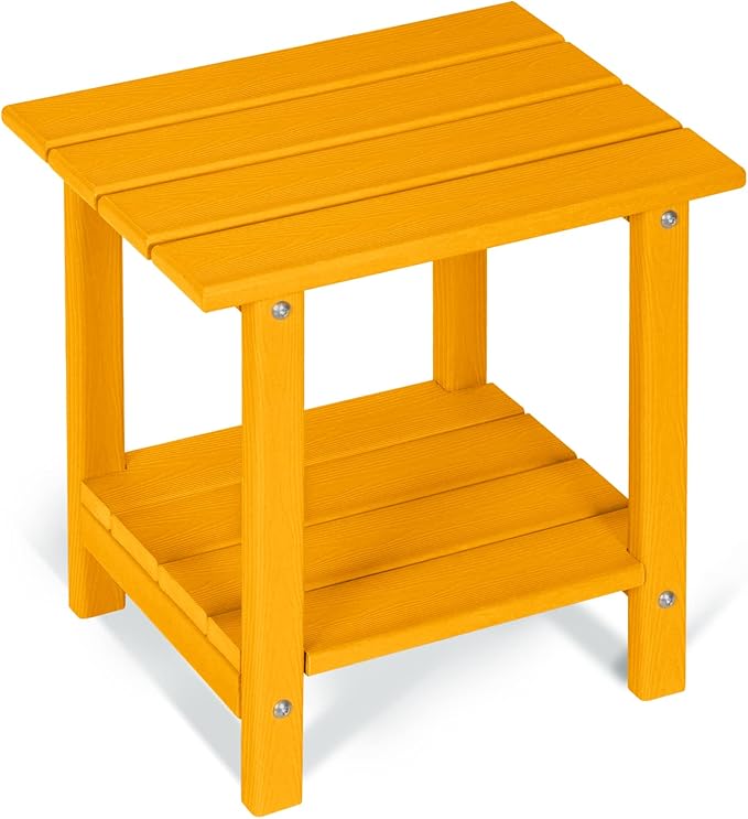 2 Tier Outdoor Side Table with Wood-Like Grain, 16.6" HDPE Adirondack Table Patio Side Table, Weather Resistant End Table for Pool, Patio & Porch, Small Outdoor Table(Tangerine, Rectangle)
