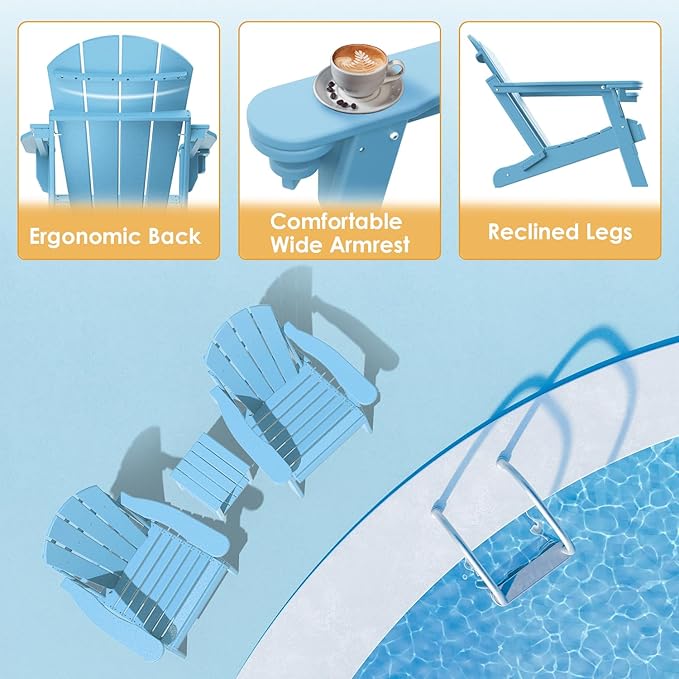 IVY&LANE Folding-Adirondack-Chairs-Set-of-4 | HDPE Plastic | Outdoor Fire Pit Chair with Cup Holder | Arctic | Poly | Weather Resistant | for Patio Deck Poolside Garden Beach