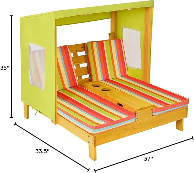 COSTWAY Kids Double Chaise Lounge Outdoor, 2-Seat Patio Lounge Chair with Cup Holders & Cushions, Kids Beach Chair with Canopy, Wood Patio Furniture for Children Boys Girls 3-8 Year Old
