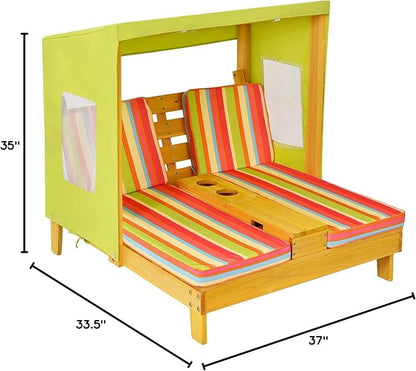 COSTWAY Kids Double Chaise Lounge Outdoor, 2-Seat Patio Lounge Chair with Cup Holders & Cushions, Kids Beach Chair with Canopy, Wood Patio Furniture for Children Boys Girls 3-8 Year Old