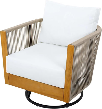 Christopher Knight Home Gunar Outdoor Metal & Acacia Wood Frame Swivel Accent Chair with Cushion, 360° Rotating Lounge Chair Outdoor with Rope Accent, Outdoor Swivel Chair, Natural + Light Beige