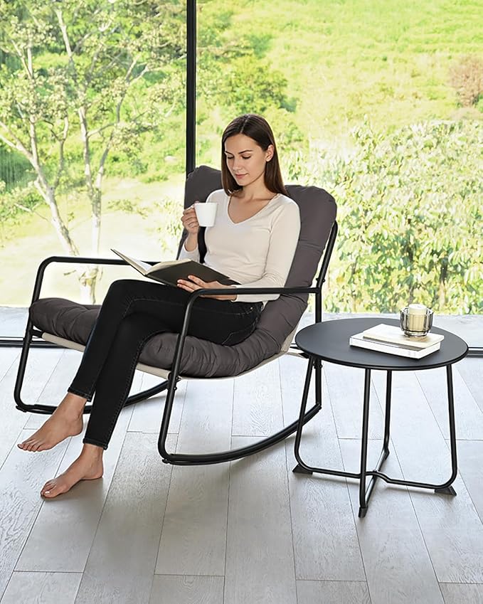 Outdoor Rocking Chair Set, 2-Piece Metal Patio Bistro Set with Patio Rocker Chair and Round Side Table, Outdoor Papasan Chair with Padded Cushion for Living Room, Apartment, Indoor, Dark Grey