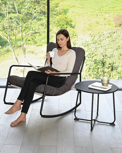 Outdoor Rocking Chair Set, 2-Piece Metal Patio Bistro Set with Patio Rocker Chair and Round Side Table, Outdoor Papasan Chair with Padded Cushion for Living Room, Apartment, Indoor, Dark Grey