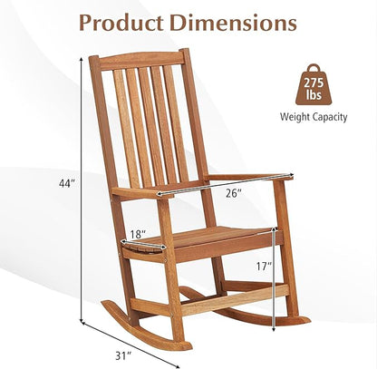 Wooden Rocking Chair, Ergonomic High-Back Porch Rocker with Armrests, Rocking Base & Slatted Design, Outdoor Rocking Chair Set for Patio, Backyard, Lawn, Deck & Poolside