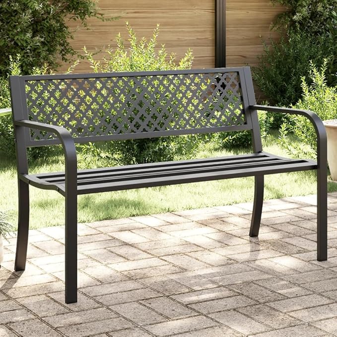 Patio Bench 46.9 Inch Black Steel Outdoor Garden with Backrest, Rust-Resistant Powder-Coated Metal Bench for Patio, Yard, Porch, Durable & Comfortable Seating Furniture