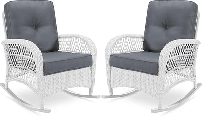 VIVIJASON 2 Piece Patio Wicker Rattan Rocker Chair, Outdoor Rattan Rocker Chair with Cushions & Steel Frame, All-Weather Rocking Lawn Wicker Furniture for Garden Backyard Porch (White Wicker/Grey)