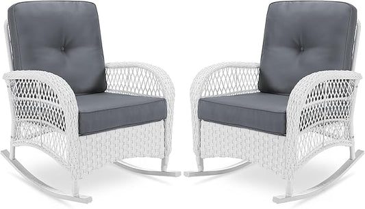 VIVIJASON 2 Piece Patio Wicker Rattan Rocker Chair, Outdoor Rattan Rocker Chair with Cushions & Steel Frame, All-Weather Rocking Lawn Wicker Furniture for Garden Backyard Porch (White Wicker/Grey)