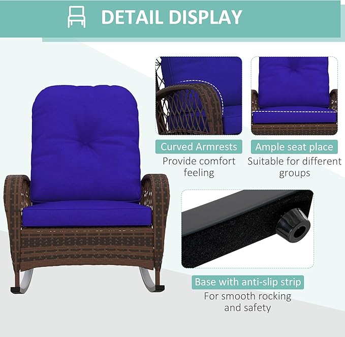 Outsunny Outdoor Wicker Rocking Chair with Wide Seat, Thickened Cushion, Rattan Rocker with Steel Frame for Patio, Garden, Backyard, Dark Blue