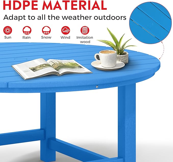 Costaelm Patio Conversation Table, Tatio Accent Tables, HDPE Outdoor Weather Resistant, Round Outdoor Porch Balcony Patio Drink Table for Outside, Pool, Backyard, Pacific Blue