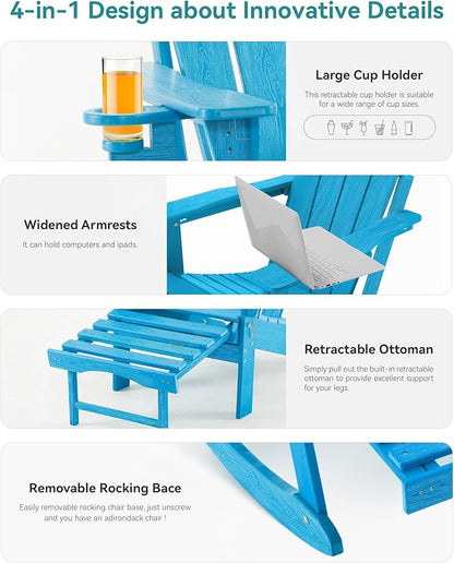 Adjustable Adirondack Rocking Chair with Retractable Ottoman,4-in-1 Multifunctional Folding Patio Chair with Cup Holder, Outdoor Chair Wood Texture for Lawn,Porch, Backyard,Pool(Pacific Blue)