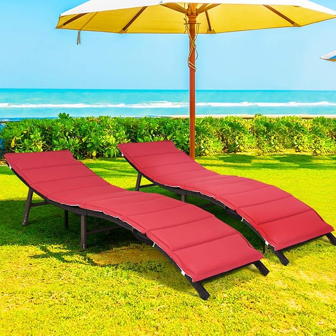 Tangkula 2 Pieces Patio Rattan Chaise Lounge, Outdoor Wicker Lounge Chair, Foldable Chaise Lounge, Suitable for Poolside - Photo 2