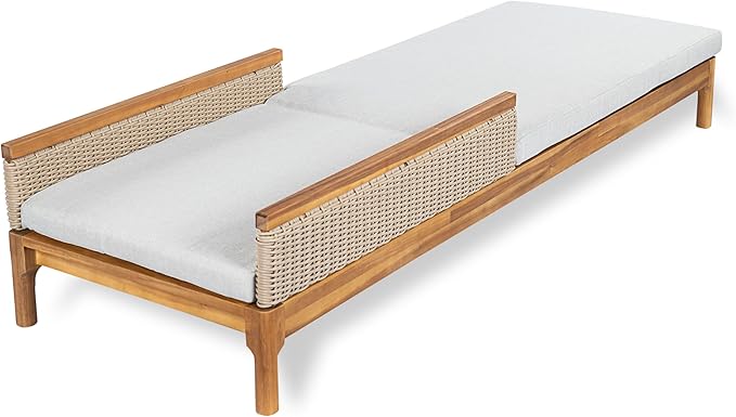 Christopher Knight Home Kanmy 76.8'' Acacia Wood Chaise Lounge Outdoor with Cushion, Patio Recliner Chair with 4-Position Adjustable Backrest, Sun Lounger with Wicker Accent, Light Grey + Natural