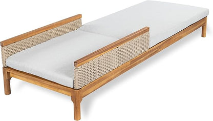 Christopher Knight Home Kanmy 76.8'' Acacia Wood Chaise Lounge Outdoor with Cushion, Patio Recliner Chair with 4-Position Adjustable Backrest, Sun Lounger with Wicker Accent, Light Grey + Natural