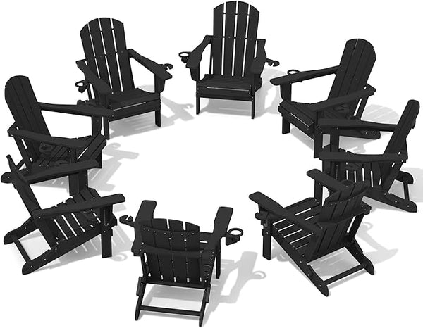 SERWALL HDPE Folding Adirondack Chair with Dual Cup Holder - Composite Adirondack Chair Set of 8- Black - Photo 1