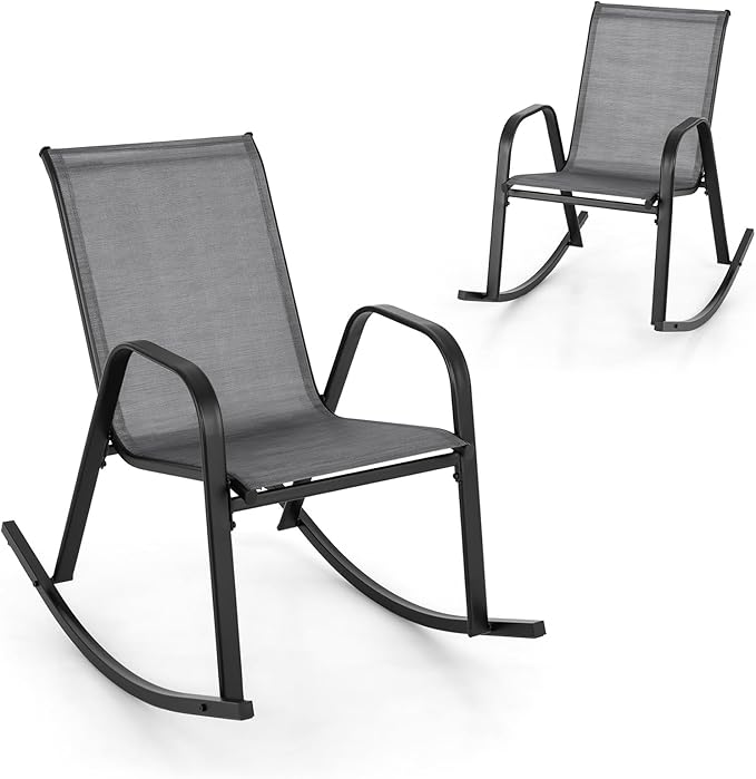Giantex Outdoor Rocking Chairs Set of 2, Patio Rocking Chairs w/Breathable Seat & Back, Heavy-Duty Metal Support, Ergonomic Outside Rocker for Backyard, Poolside, Garden (1, Grey)